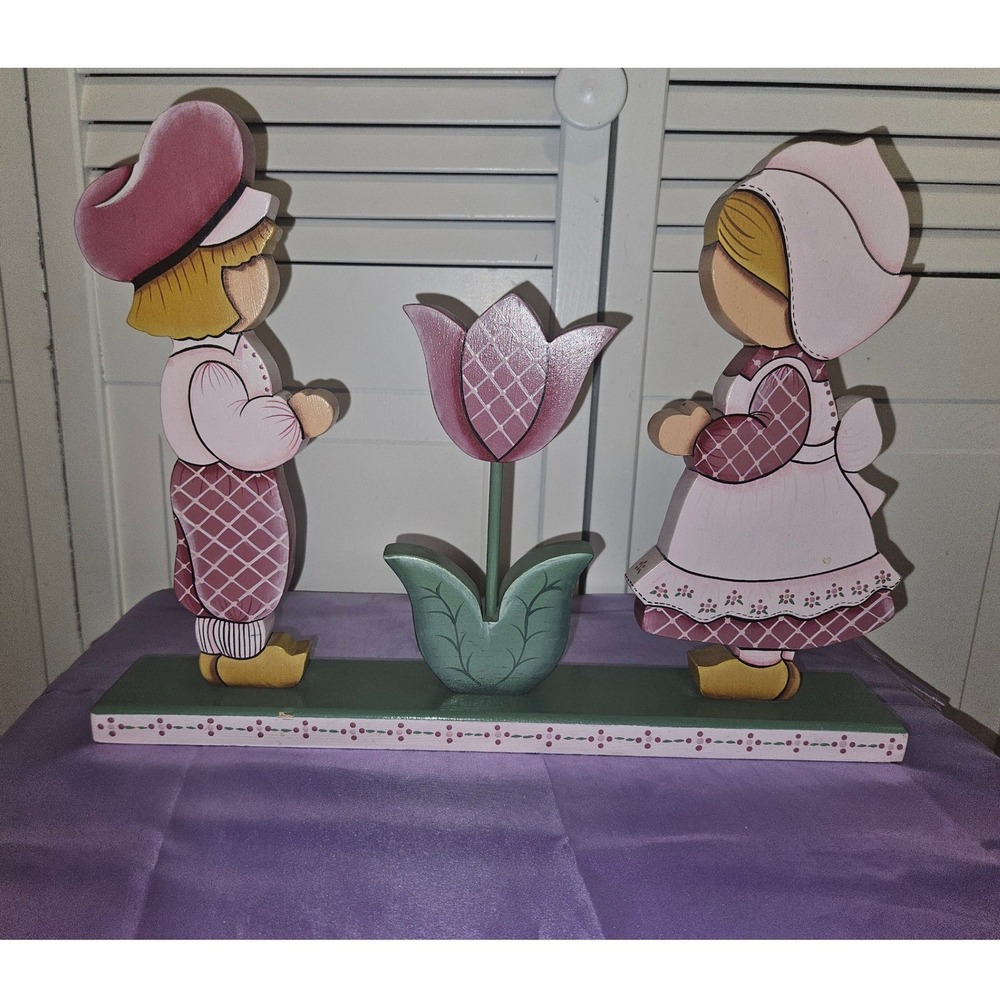 Vintage‎ Dutch Boy and Girl Wooden Shelf Sitter Pink Tulip Folk Art Decor